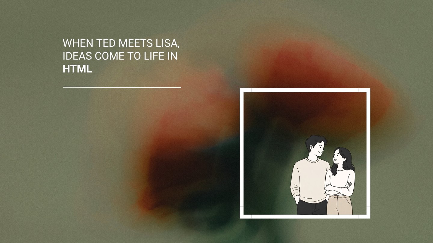 Line illustration of Ted and Lisa standing together inside a white frame, over a blurred poppy photograph.